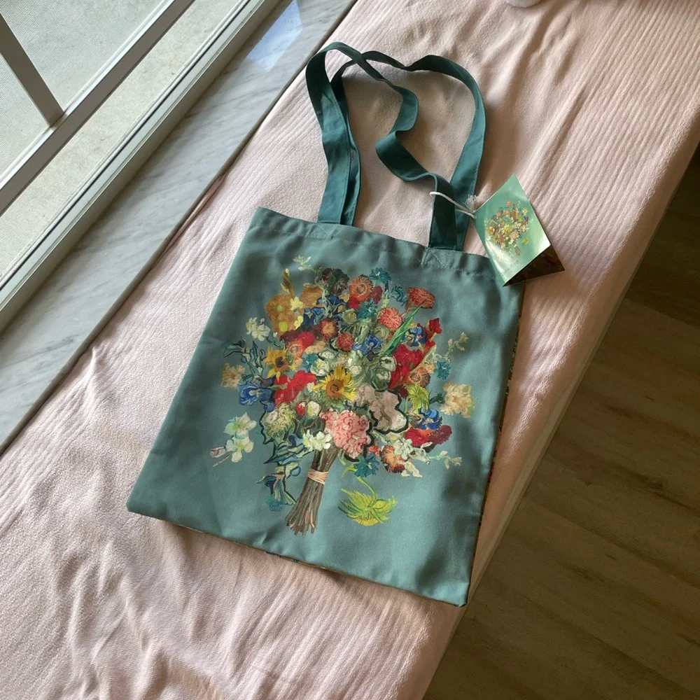 Van Gogh Floral Fabric Tote Bag with Green Handles
